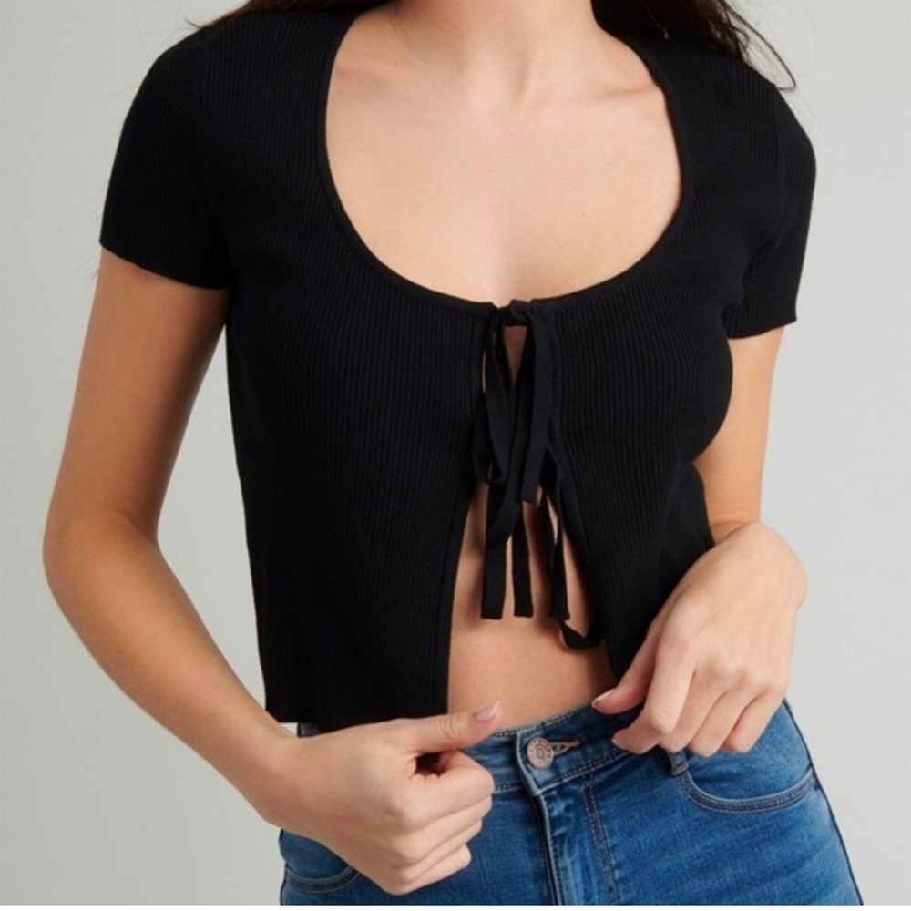 Garage Black Tie-Front Ribbed Top